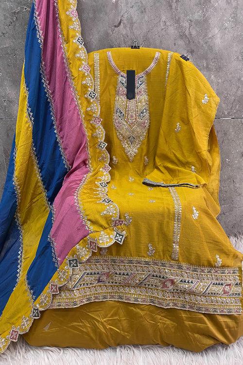 Casual Outfit Yellow Pakistani Salwar Kameez With Multicolor Dupatta Work