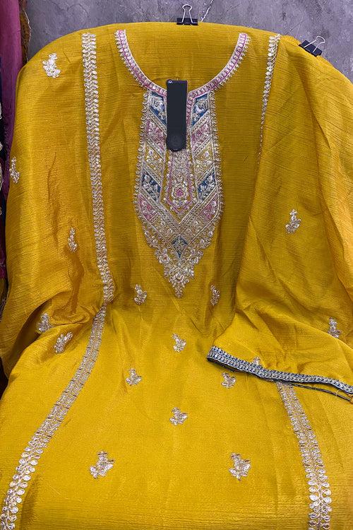 Casual Outfit Yellow Pakistani Salwar Kameez With Multicolor Dupatta Work