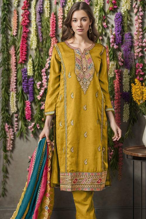 Casual Outfit Yellow Pakistani Salwar Kameez With Multicolor Dupatta Work