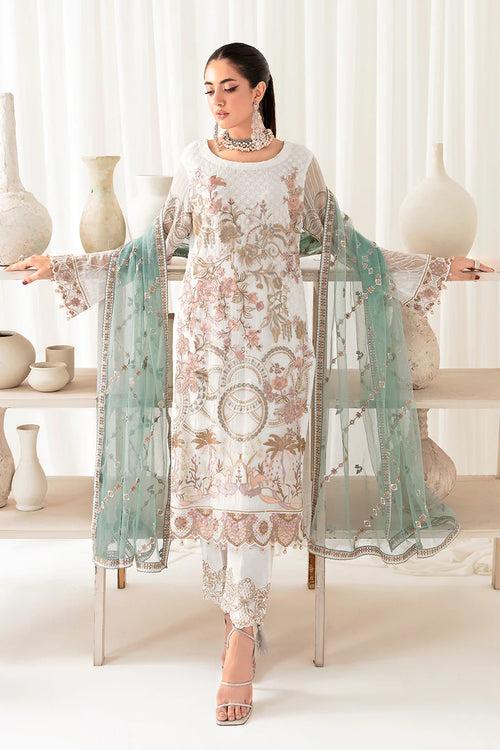 Cream White Diamond Work Pakistani Salwar Kameez With Heavy Contrast Dupatta Work