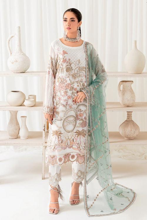 Cream White Diamond Work Pakistani Salwar Kameez With Heavy Contrast Dupatta Work