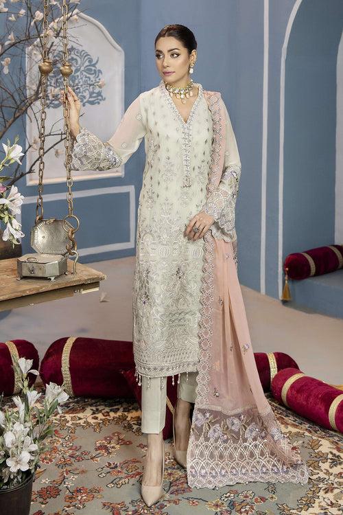Cream White Mirror Work Pakistani Salwar Kameez With Contrast Embroidery Work Dupatta