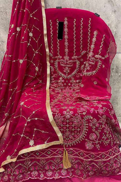 Dark Pink Pakistani Salwar Kameez In Golden Embroidery With Good Looking Dupatta