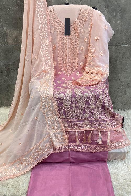 Double Shaded Bridal Wear Sharara Peach Pakistani Salwar Kameez With Heavy Work Dupatta