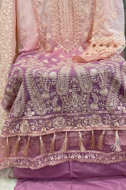 Double Shaded Bridal Wear Sharara Peach Pakistani Salwar Kameez With Heavy Work Dupatta