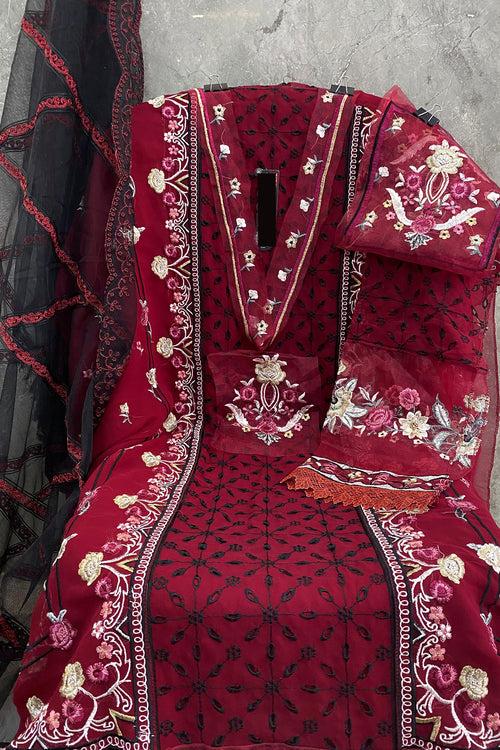 Elegant Red Pakistani Salwar Kameez With Heavy Net Contrast Dupatta