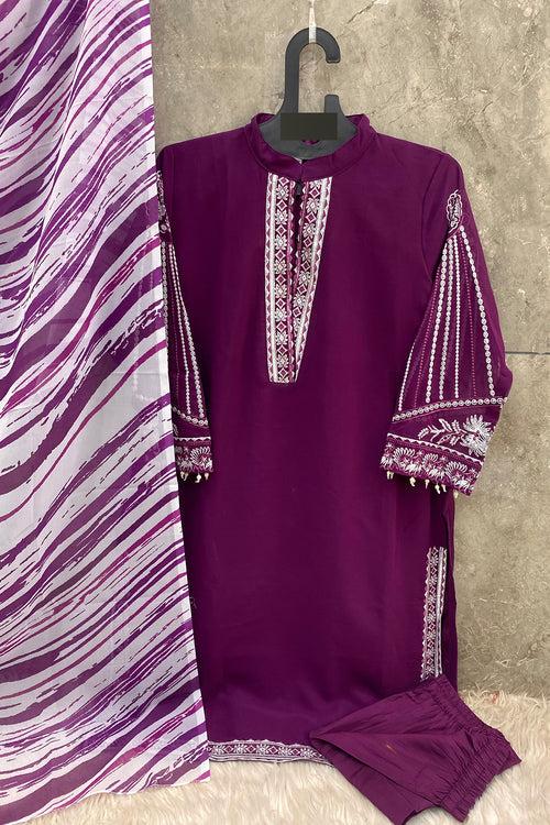 Latest Tunic Style Pakistani Salwar Kameez Wine Color With Chiffon Digital Printed Dupatta