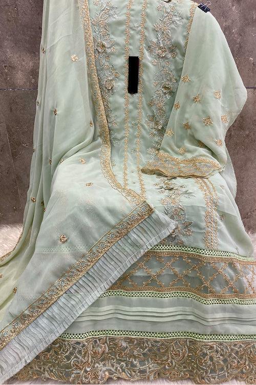 Light Pista Georgette Pakistani Salwar Kameez With Flair Net Dupatta