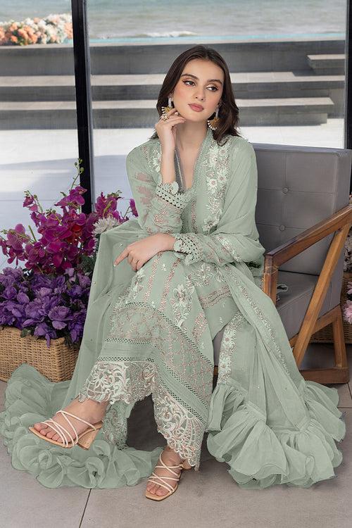 Light Pista Georgette Pakistani Salwar Kameez With Flair Net Dupatta