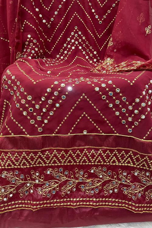 Maroon Georgette Mirror Work Pakistani Salwar Kameez With Heavy Work Dupatta