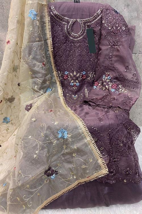 Organza Fabric Pakistani Salwar Kameez Light Wine Color With Heavy Embroidery Work Dupatta