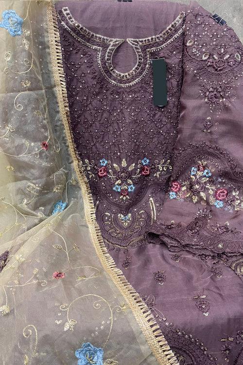 Organza Fabric Pakistani Salwar Kameez Light Wine Color With Heavy Embroidery Work Dupatta