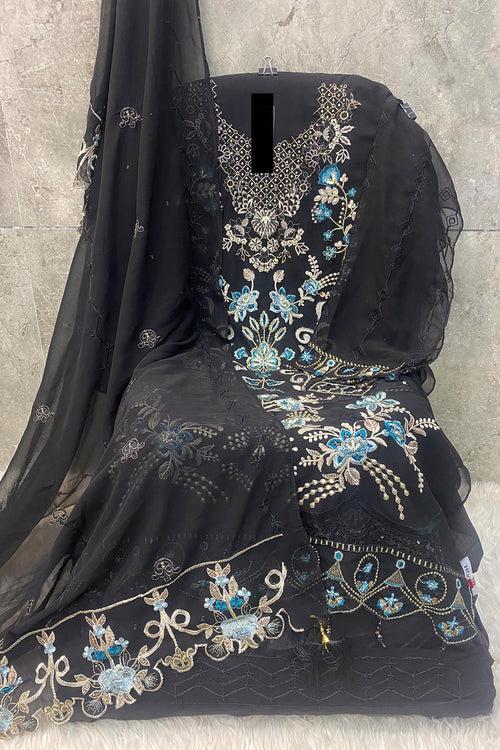 Pakistani Salwar Kameez Black Front & Back Work With Attractive Embroidery Dupatta Work