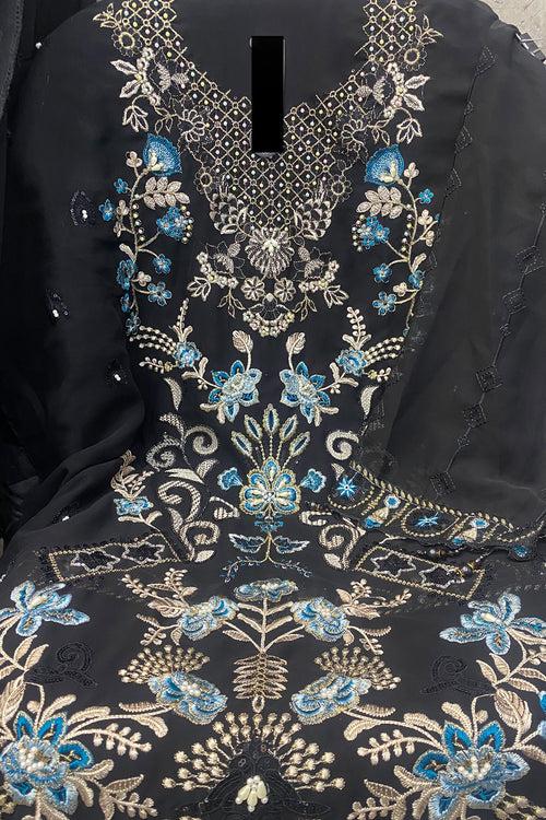 Pakistani Salwar Kameez Black Front & Back Work With Attractive Embroidery Dupatta Work