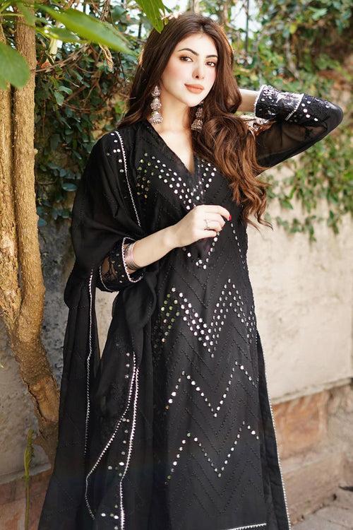 Pakistani Salwar Kameez Full Dress Mirror Work Black With Beautiful Embroidery Dupatta