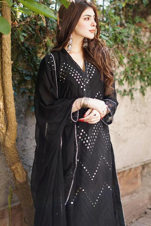 Pakistani Salwar Kameez Full Dress Mirror Work Black With Beautiful Embroidery Dupatta