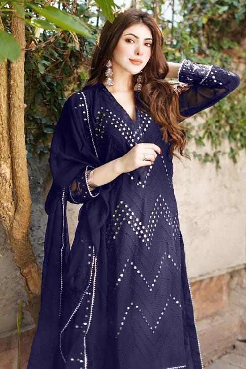 Pakistani Salwar Kameez Full Dress Mirror Work Rama Blue With Beautiful Embroidery Dupatta