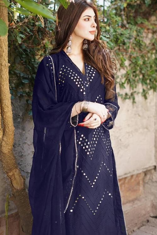Pakistani Salwar Kameez Full Dress Mirror Work Rama Blue With Beautiful Embroidery Dupatta