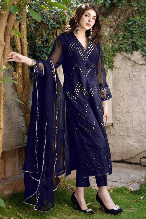 Pakistani Salwar Kameez Full Dress Mirror Work Rama Blue With Beautiful Embroidery Dupatta