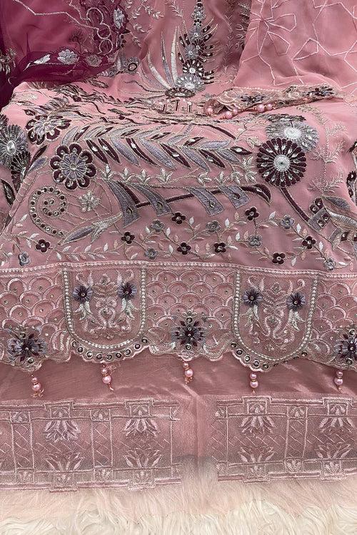 Pink Embroidered Georgette Pakistani Salwar Kameez With Attractive Contrast Dupatta