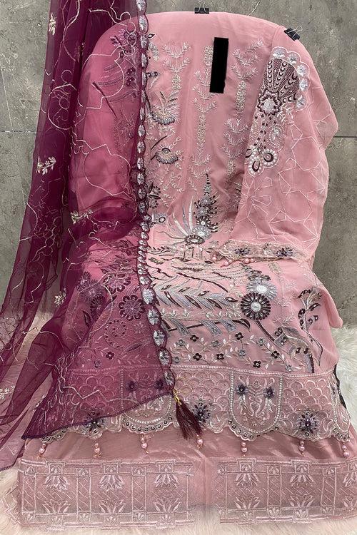 Pink Embroidered Georgette Pakistani Salwar Kameez With Attractive Contrast Dupatta