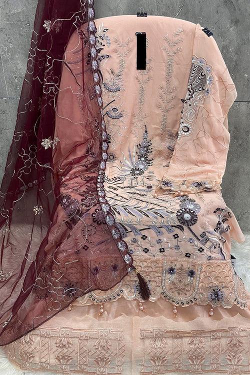 Peach Embroidered Georgette Pakistani Salwar Kameez With Attractive Contrast Dupatta