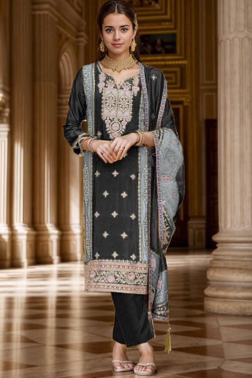 Pretty Black Mirror Work Pakistani Salwar Kameez With Multicolor Dupatta Work