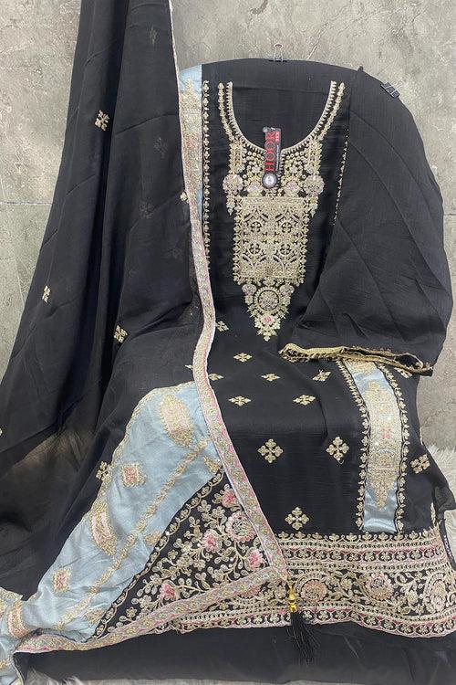 Pretty Black Mirror Work Pakistani Salwar Kameez With Multicolor Dupatta Work