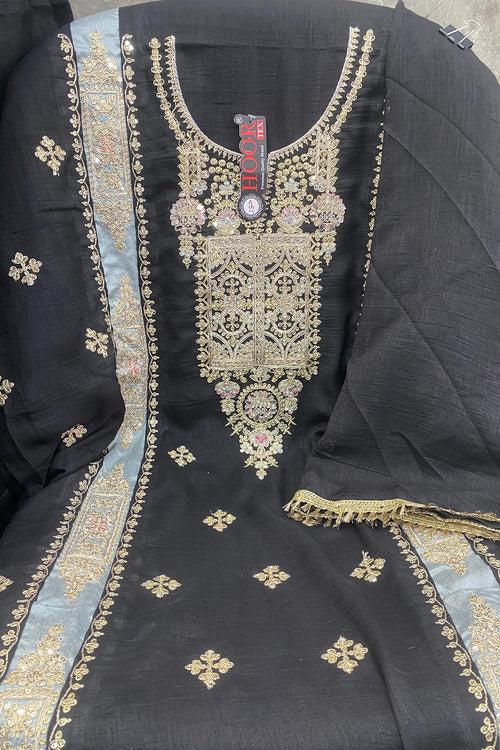 Pretty Black Mirror Work Pakistani Salwar Kameez With Multicolor Dupatta Work