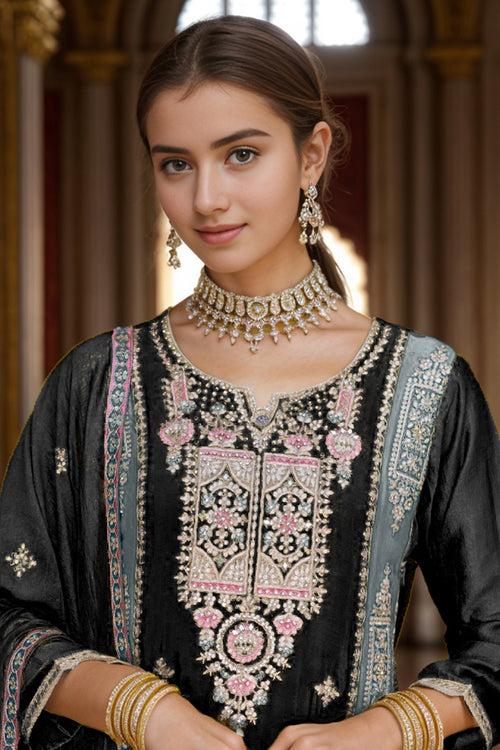 Pretty Black Mirror Work Pakistani Salwar Kameez With Multicolor Dupatta Work