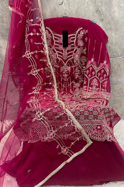 Trending Dark Pink Georgette Pakistani Style Salwar Kameez With Heavy Net Dupatta Work