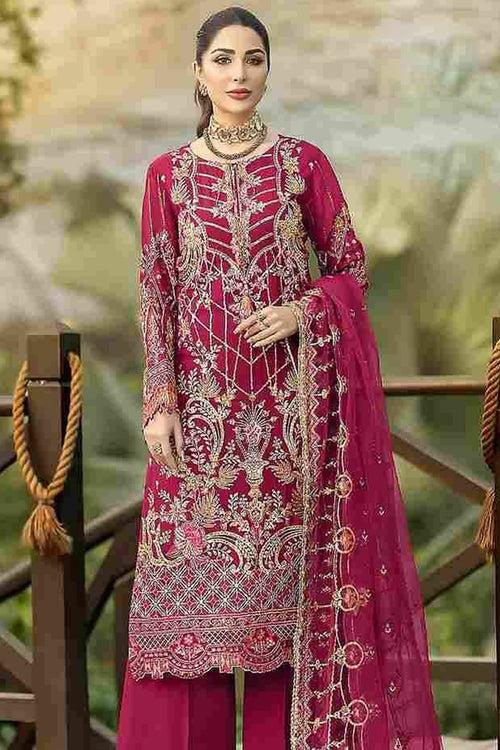 Trending Dark Pink Georgette Pakistani Style Salwar Kameez With Heavy Net Dupatta Work