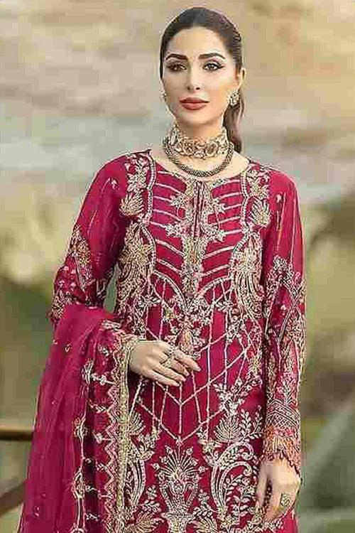 Trending Dark Pink Georgette Pakistani Style Salwar Kameez With Heavy Net Dupatta Work