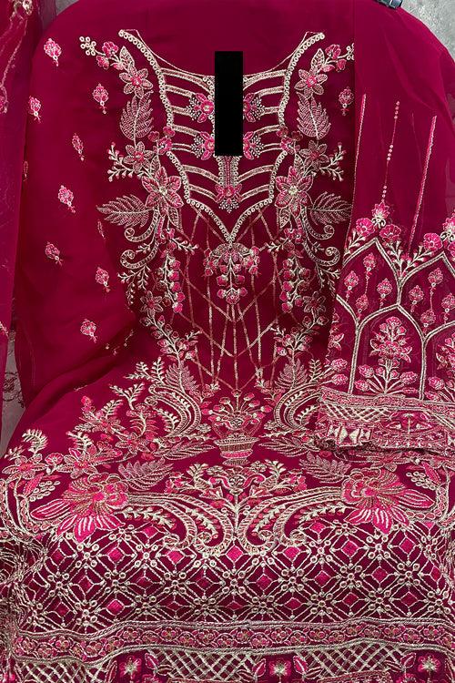 Trending Dark Pink Georgette Pakistani Style Salwar Kameez With Heavy Net Dupatta Work