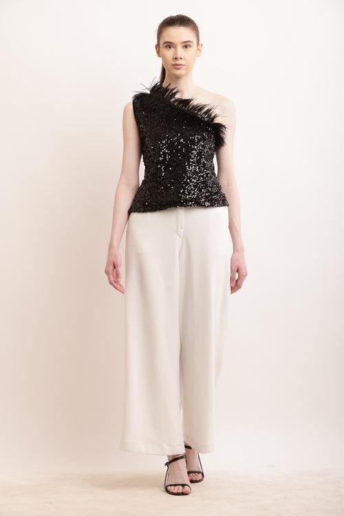 "Midnight Glamour Feathered Sequin Top