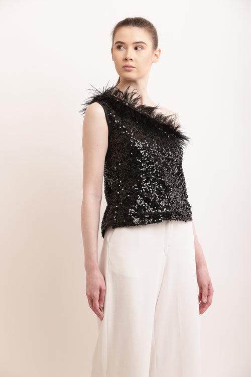 "Midnight Glamour Feathered Sequin Top