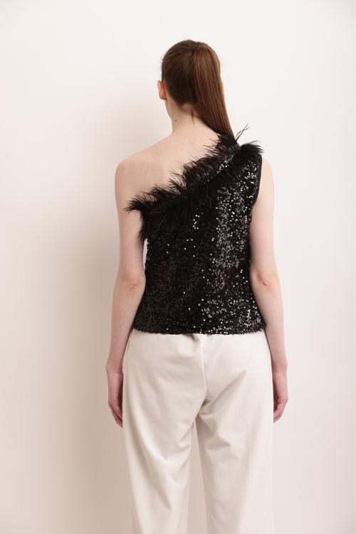 "Midnight Glamour Feathered Sequin Top