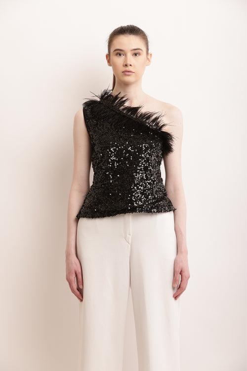 "Midnight Glamour Feathered Sequin Top