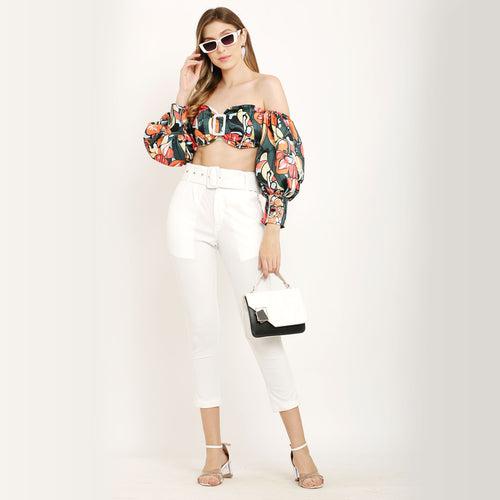 Abstract Print Off Shoulder Puff Sleeve Summer Crop Top