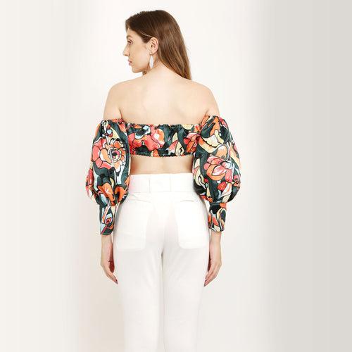 Abstract Print Off Shoulder Puff Sleeve Summer Crop Top