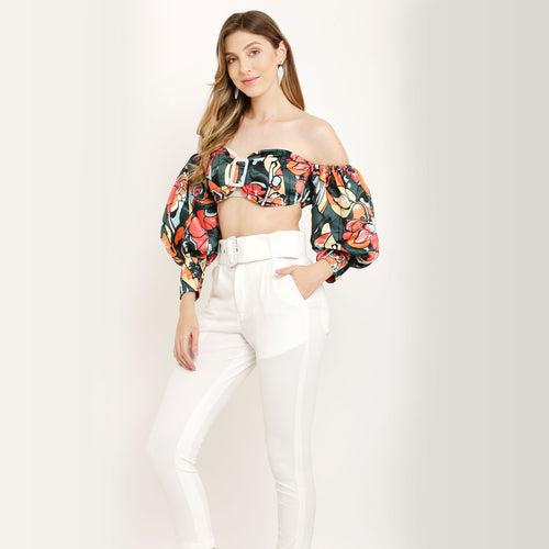 Abstract Print Off Shoulder Puff Sleeve Summer Crop Top