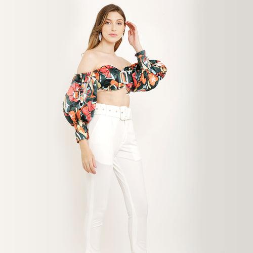 Abstract Print Off Shoulder Puff Sleeve Summer Crop Top