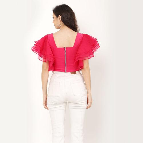 Ruffle V- Neck Crop Top - Pink