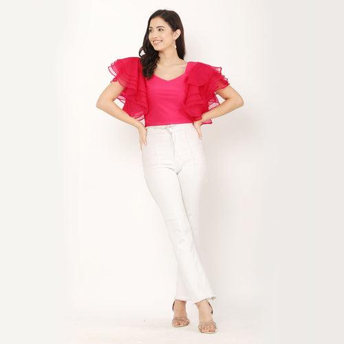 Ruffle V- Neck Crop Top - Pink