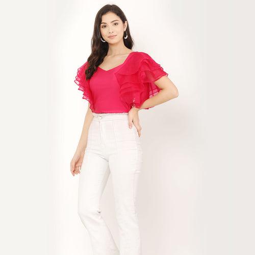 Ruffle V- Neck Crop Top - Pink