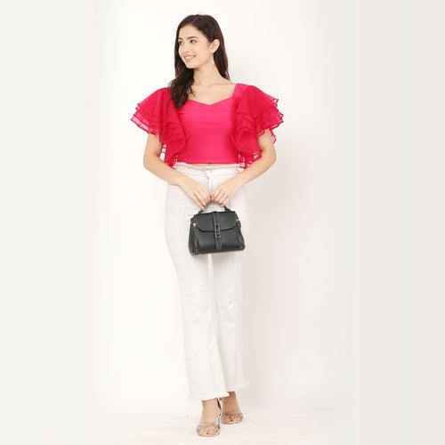 Ruffle V- Neck Crop Top - Pink