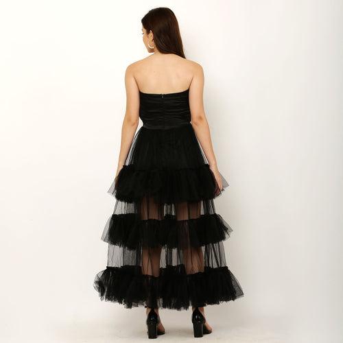 Layered Ruffle Off Shoulder Long Party Dress - Black