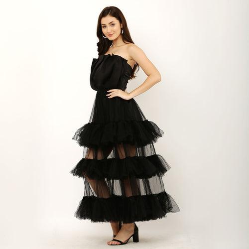 Layered Ruffle Off Shoulder Long Party Dress - Black