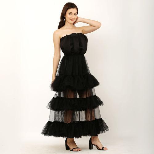 Layered Ruffle Off Shoulder Long Party Dress - Black