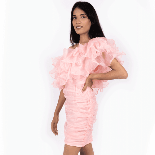 Ruffled One- Shoulder Short Dress – Peach